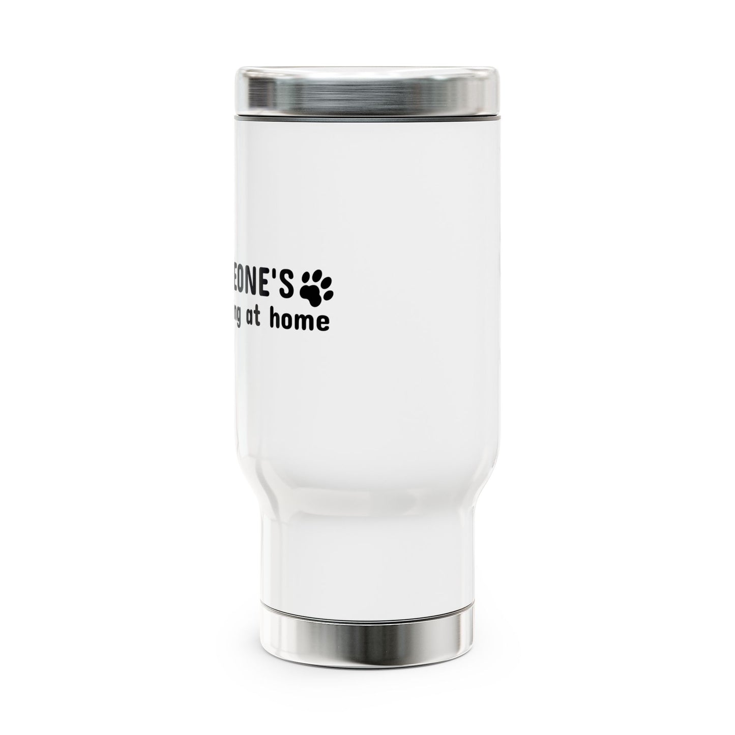 White tumbler with black text and paw print on a white background