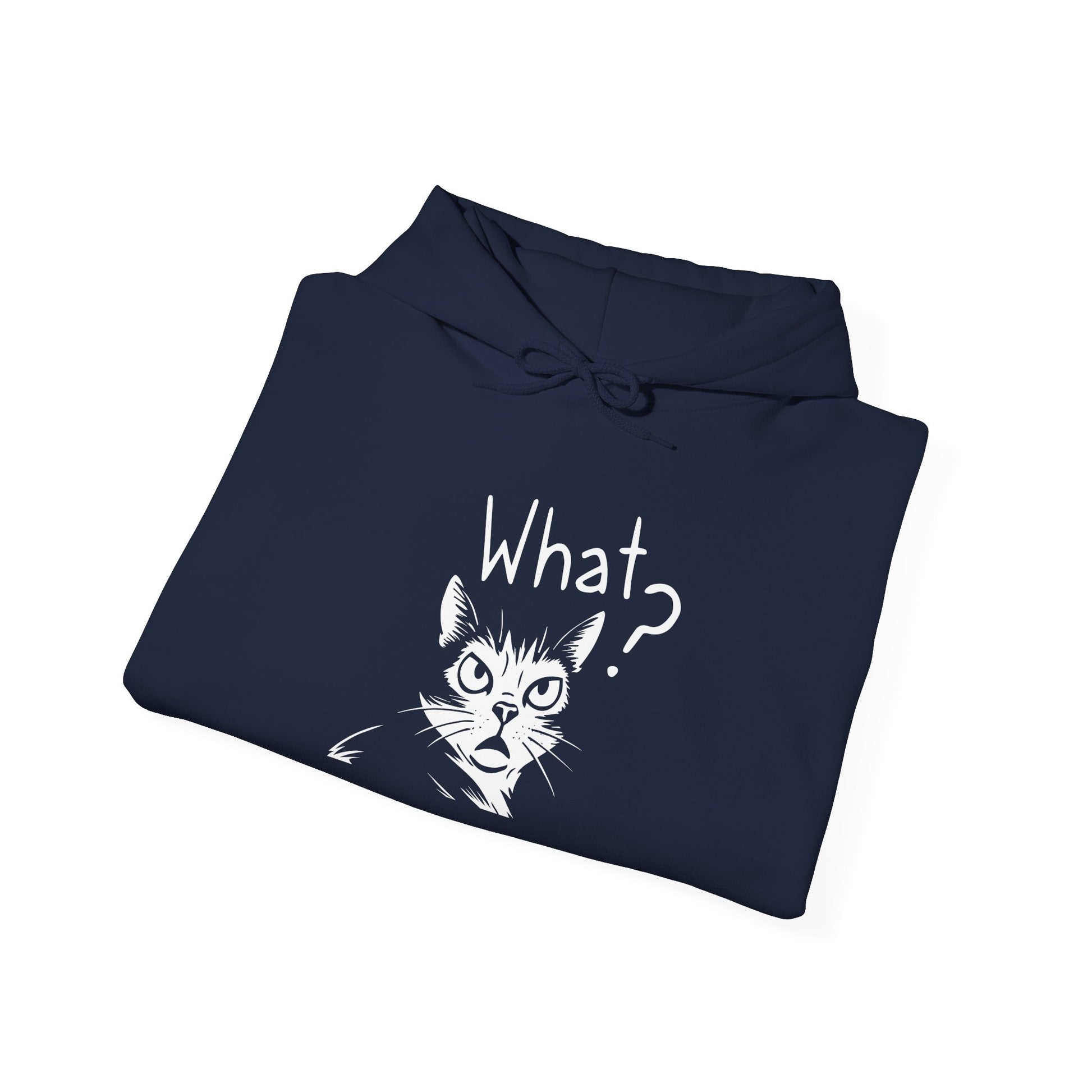 Folded navy blue hoodie with a cat graphic and 'What?' text on a white background
