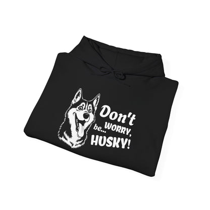 Black hoodie with husky graphic and text on a white background