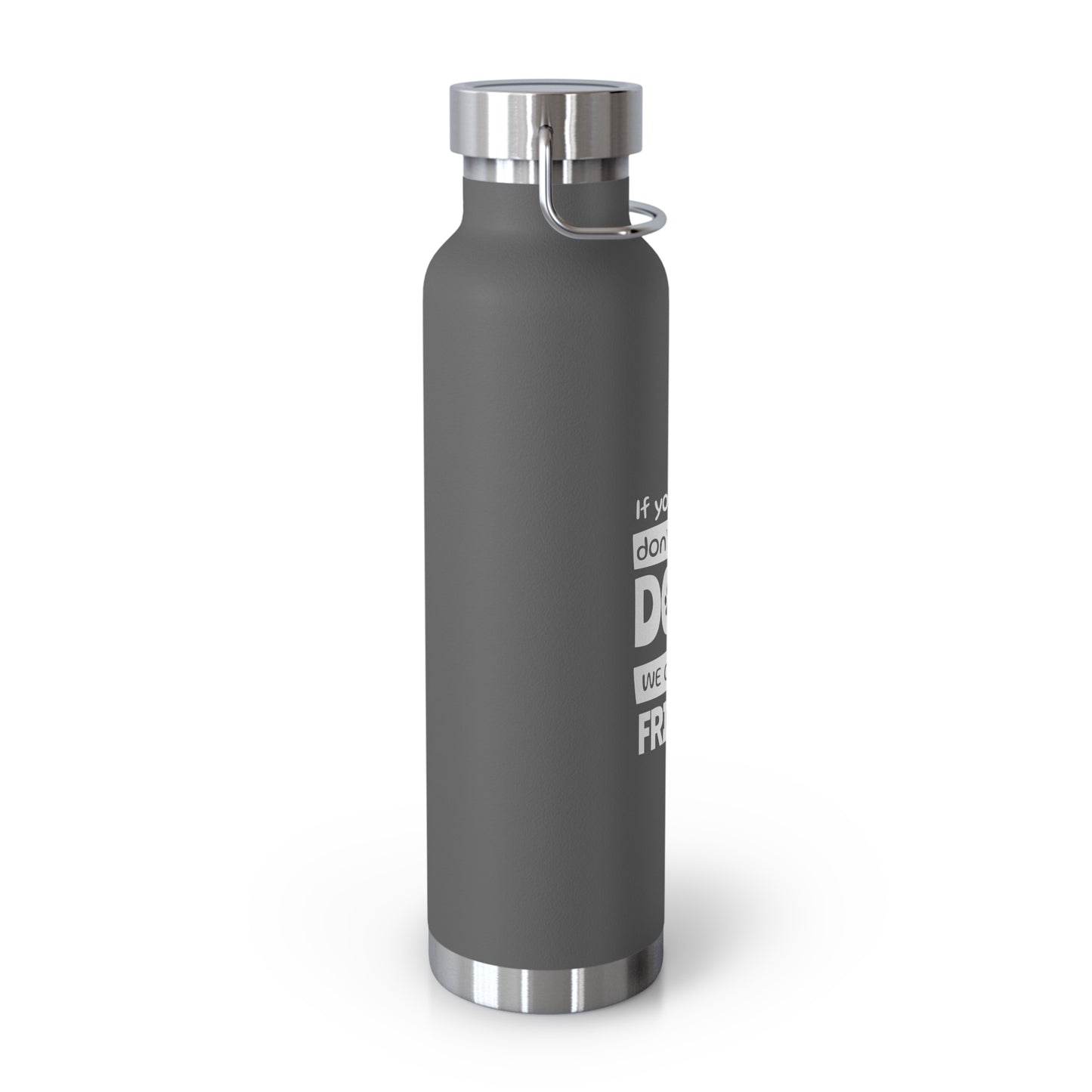 Gray water bottle with silver cap on a white background