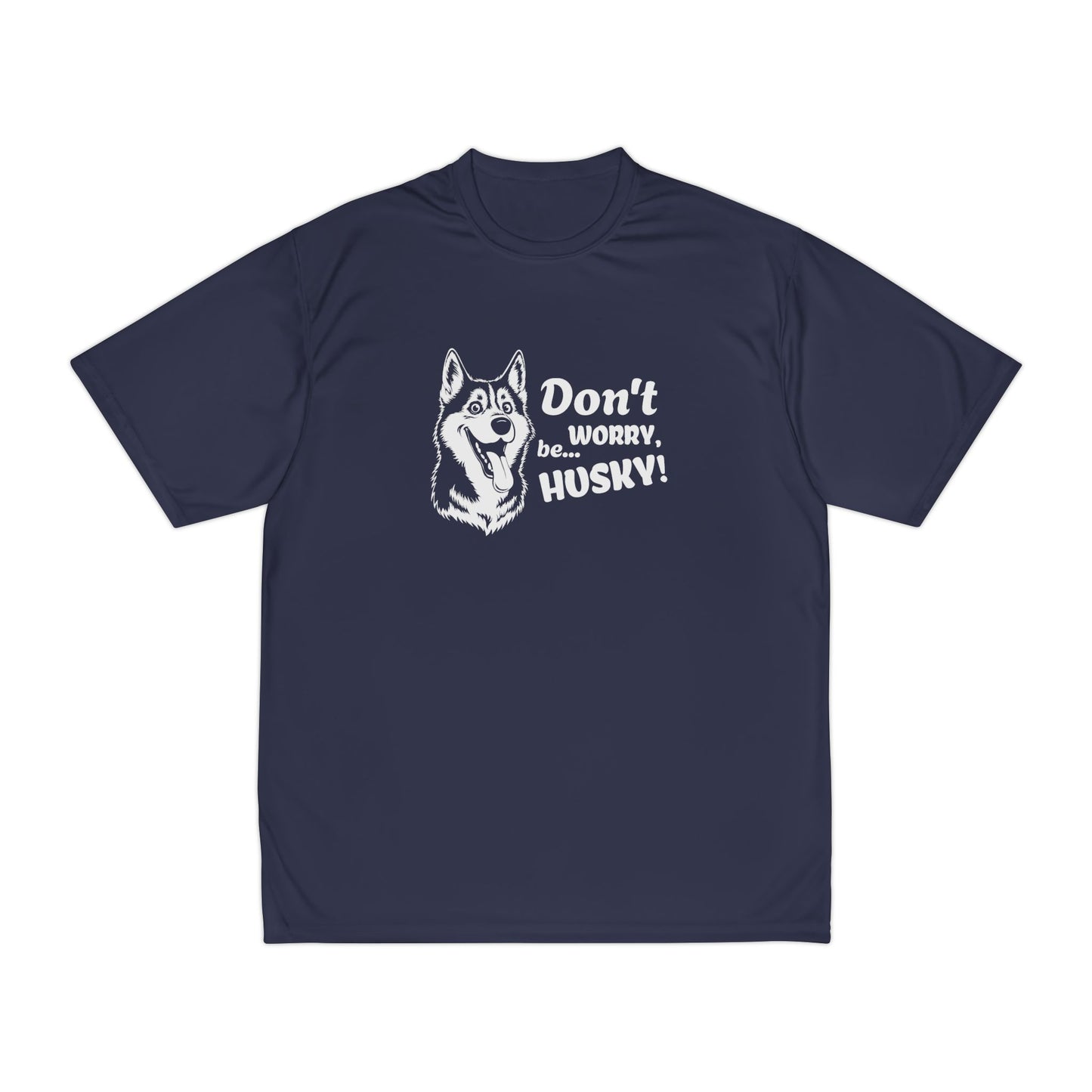 Navy blue t-shirt with husky graphic and text on a white background