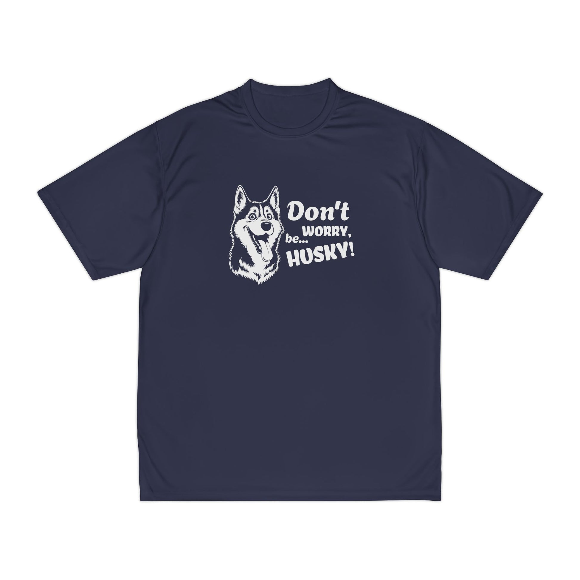 Navy blue t-shirt with husky graphic and text on a white background