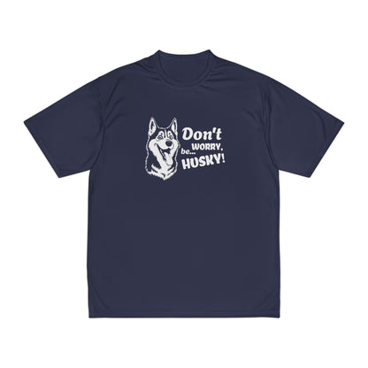 Navy blue t-shirt with husky graphic and text on a white background