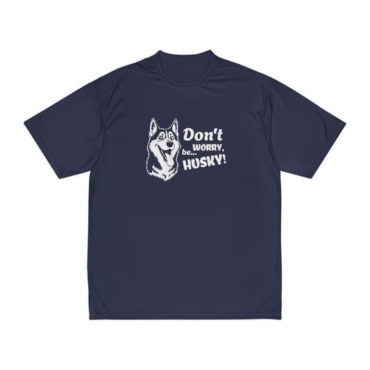 Navy blue t-shirt with husky graphic and text on a white background