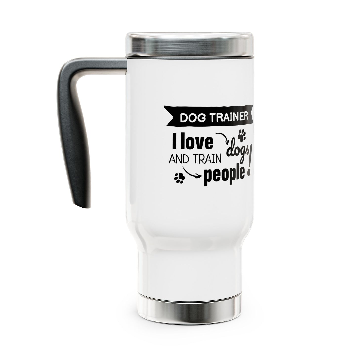 White travel mug with black text and handle on a white background