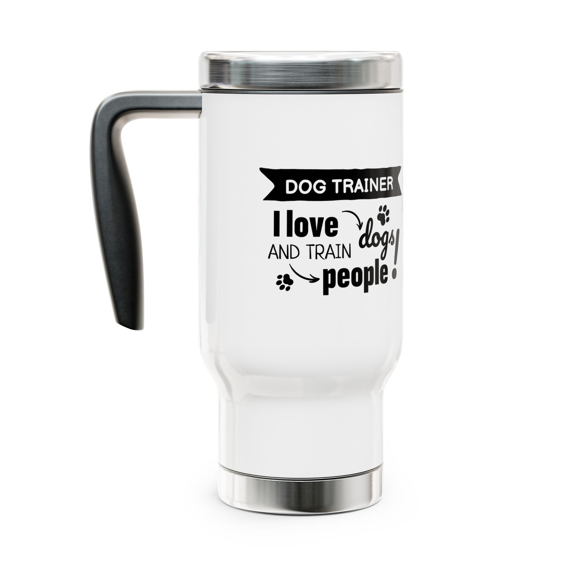 White travel mug with black text and handle on a white background