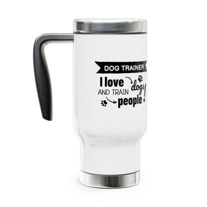 White travel mug with black text and handle on a white background