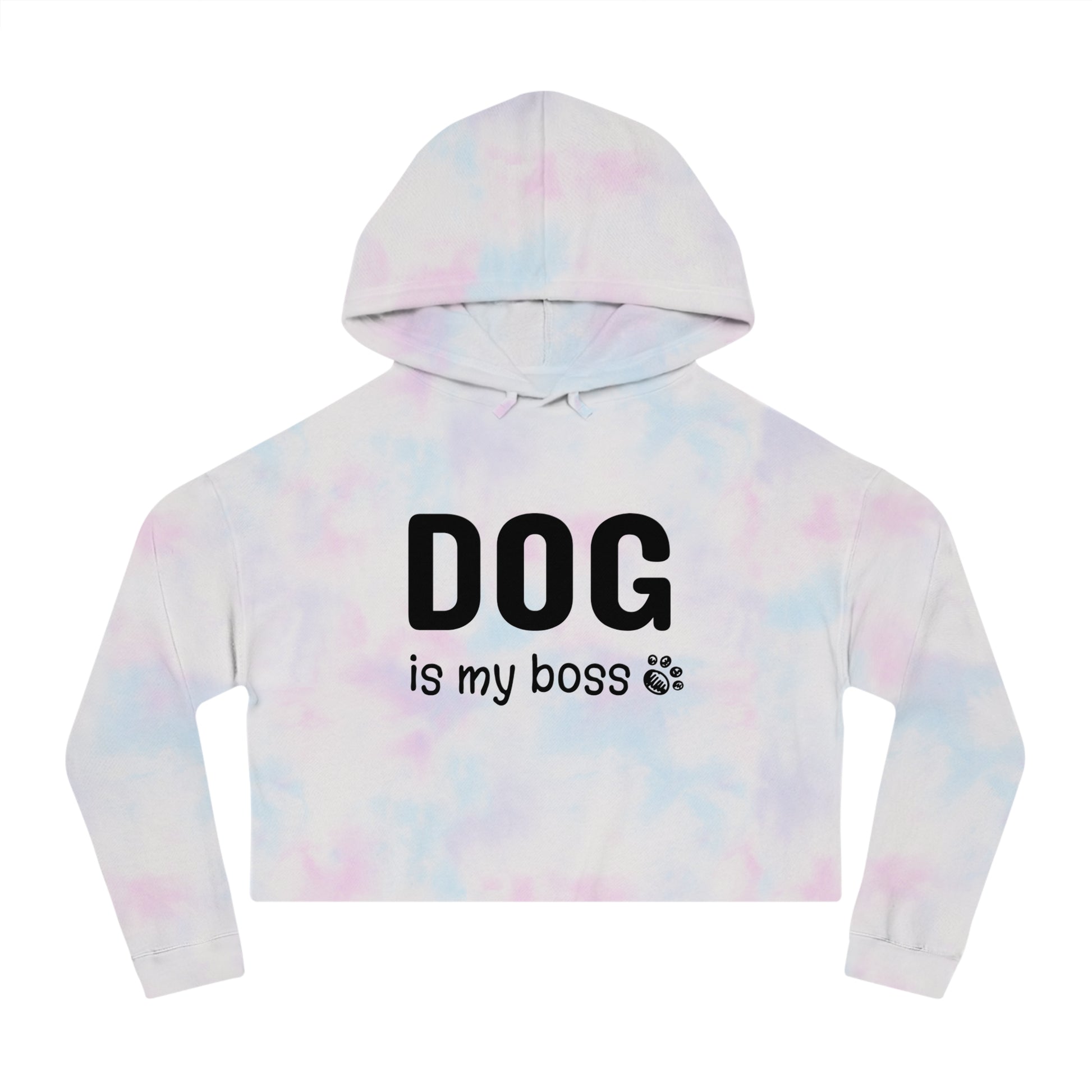 Tie-dye hoodie with 'DOG is my boss' text on a white background