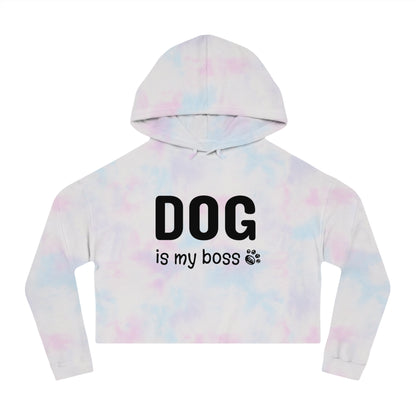 Tie-dye hoodie with 'DOG is my boss' text on a white background