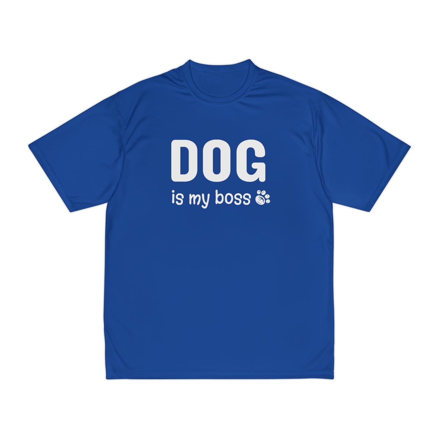 Blue t-shirt with 'DOG is my boss' text on a white background