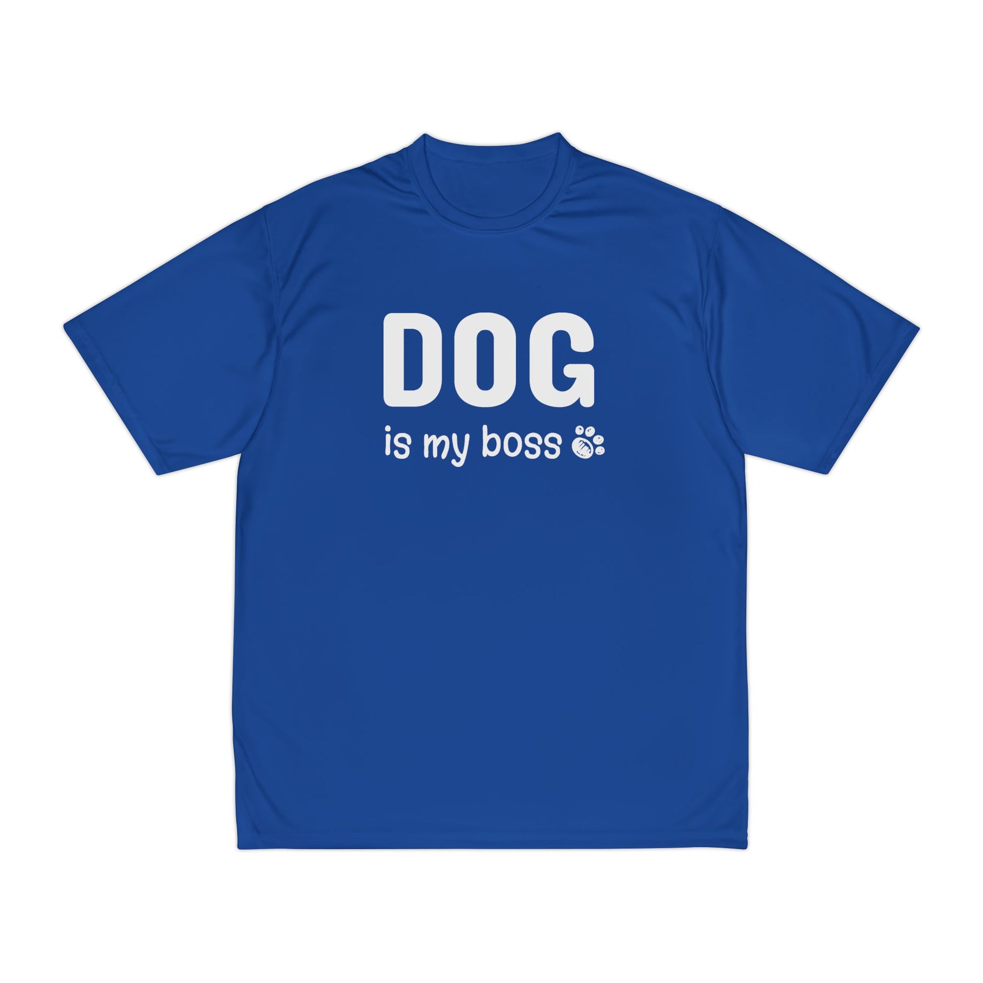Blue t-shirt with 'DOG is my boss' text on a white background