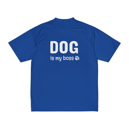 Blue t-shirt with 'DOG is my boss' text on a white background