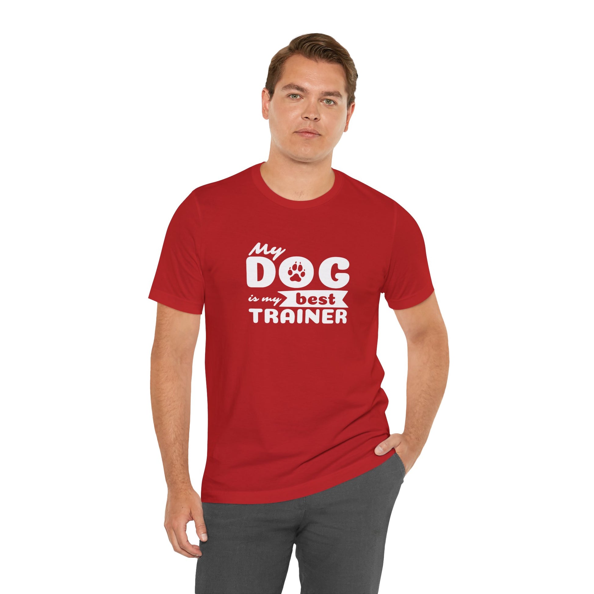 Man wearing a red t-shirt with 'My dog is my best trainer' text on a white background