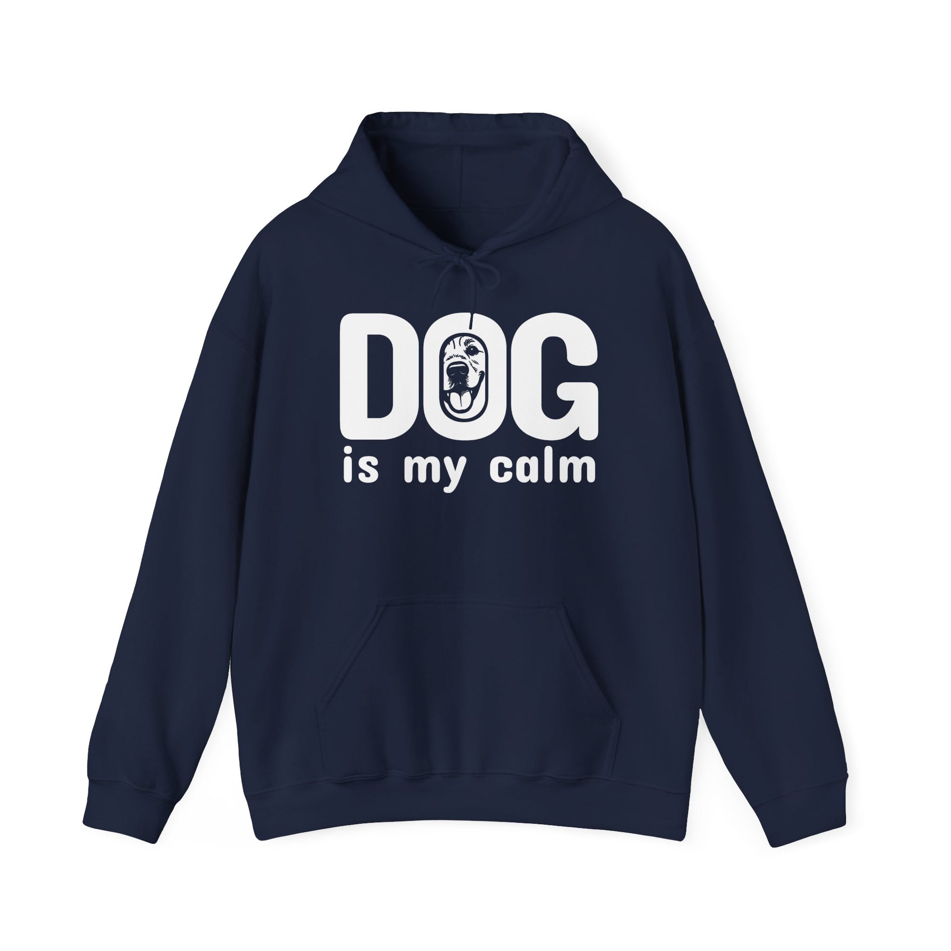 Navy blue hoodie with 'DOG is my calm' text on a white background