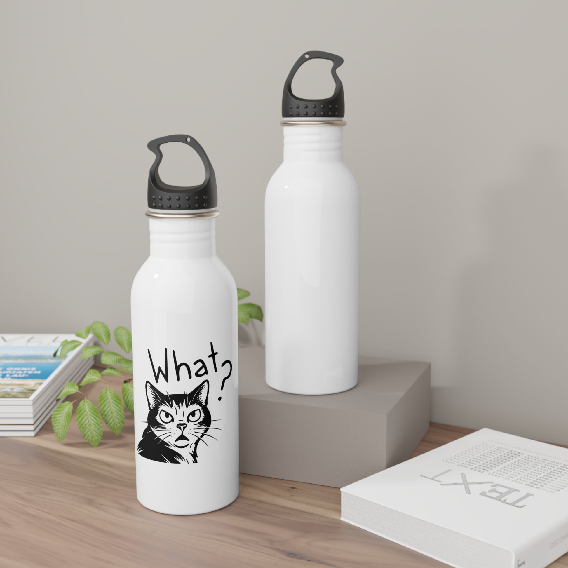 Two white water bottles with black cat illustrations and 'What?' text on a wooden surface.