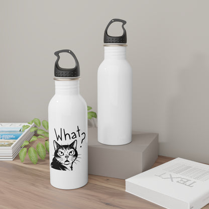 Two white water bottles with black cat illustrations and 'What?' text on a wooden surface.