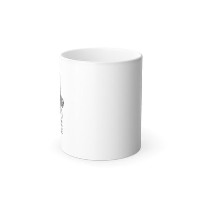White mug with a black and white design on a white background
