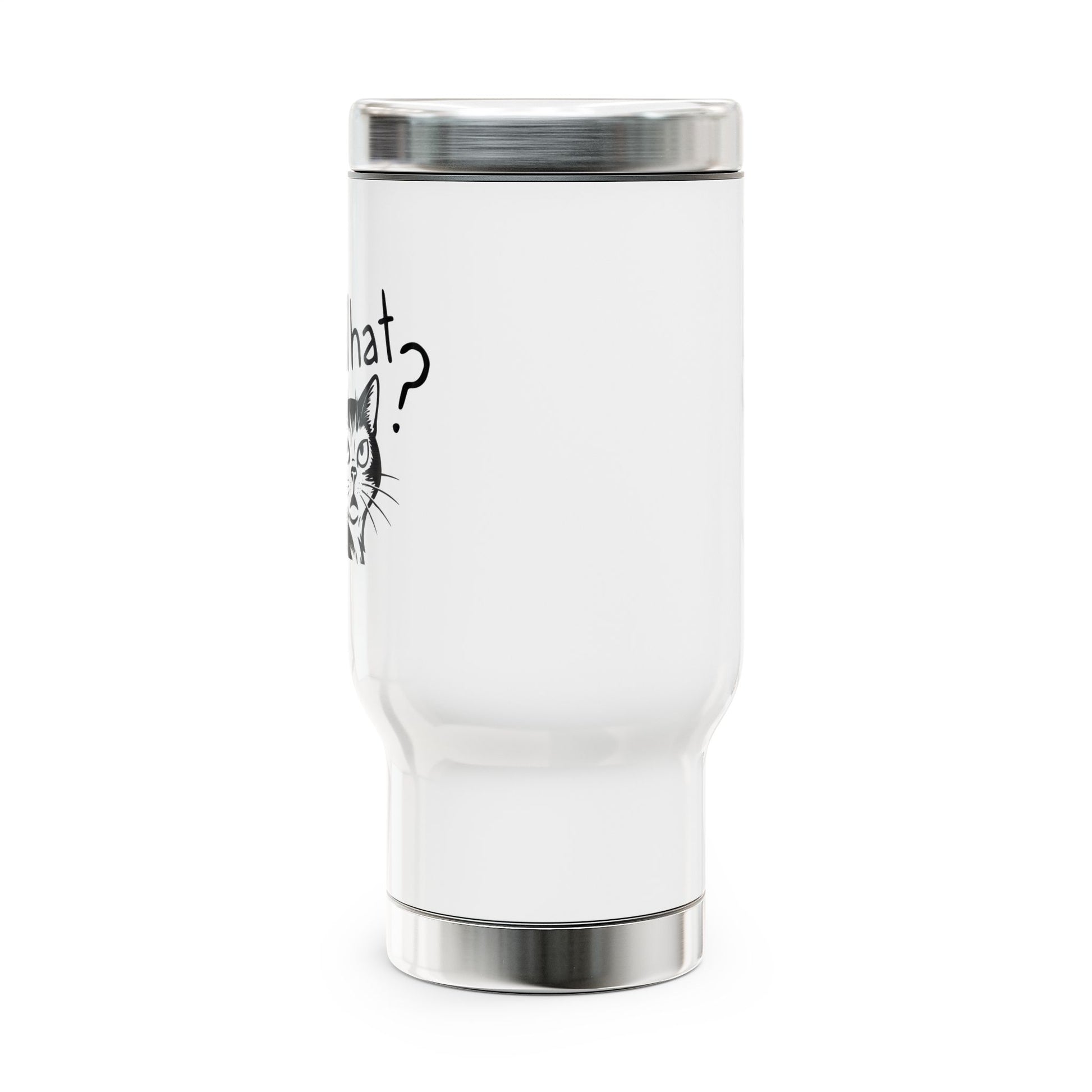 White tumbler with a cat graphic and text on a white background