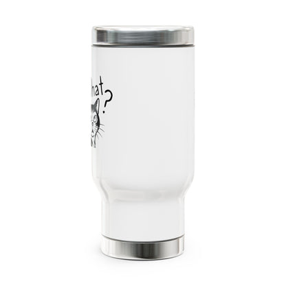 White tumbler with a cat graphic and text on a white background