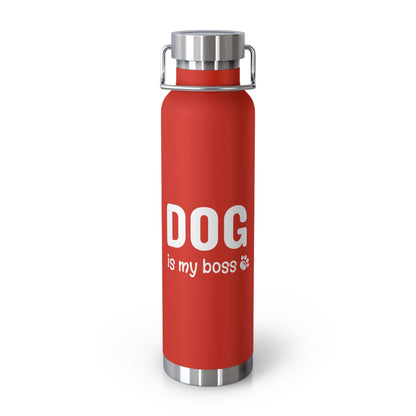 Red water bottle with 'DOG is my boss' text on a white background