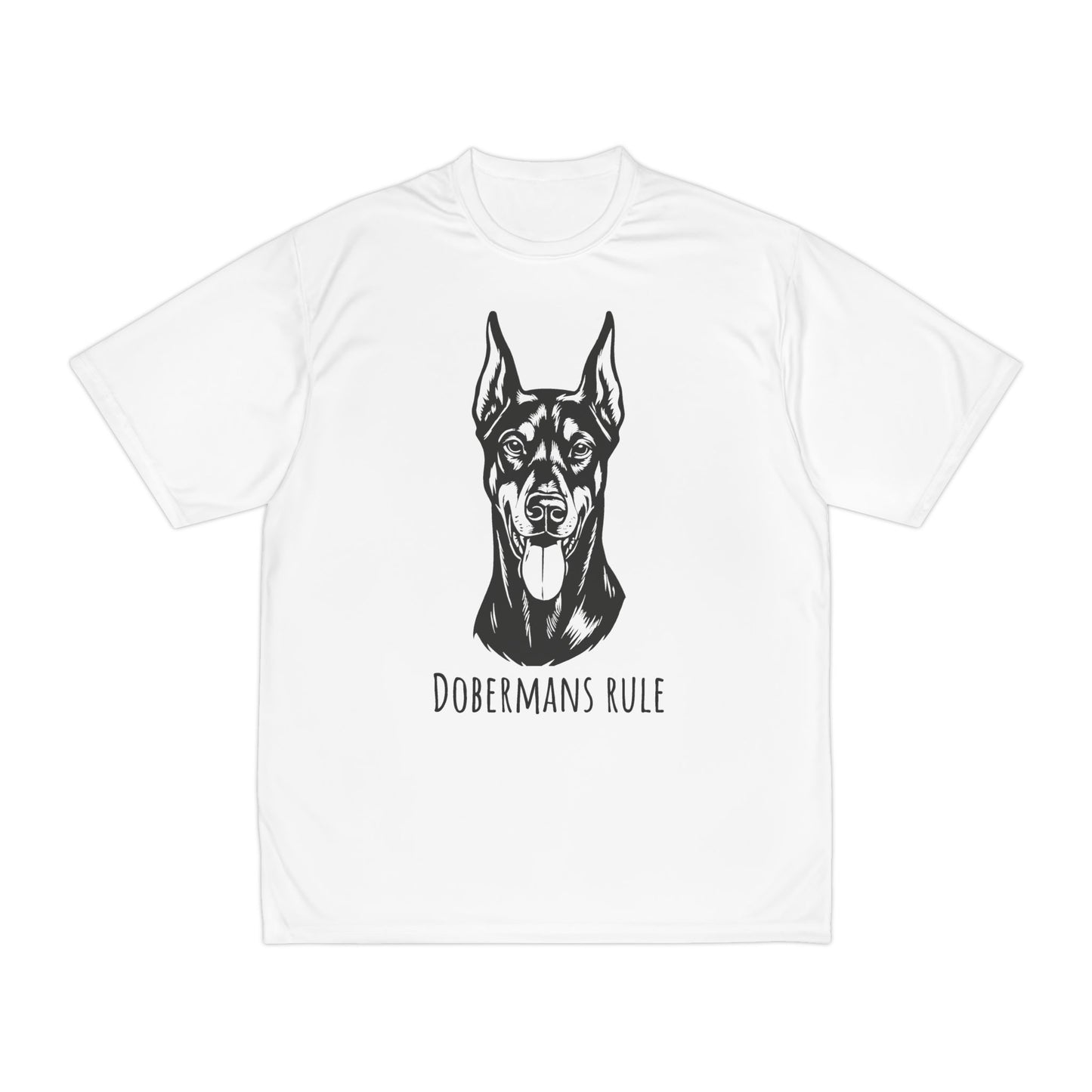 White t-shirt with a black doberman graphic and 'Dobermans Rule' text on a white background