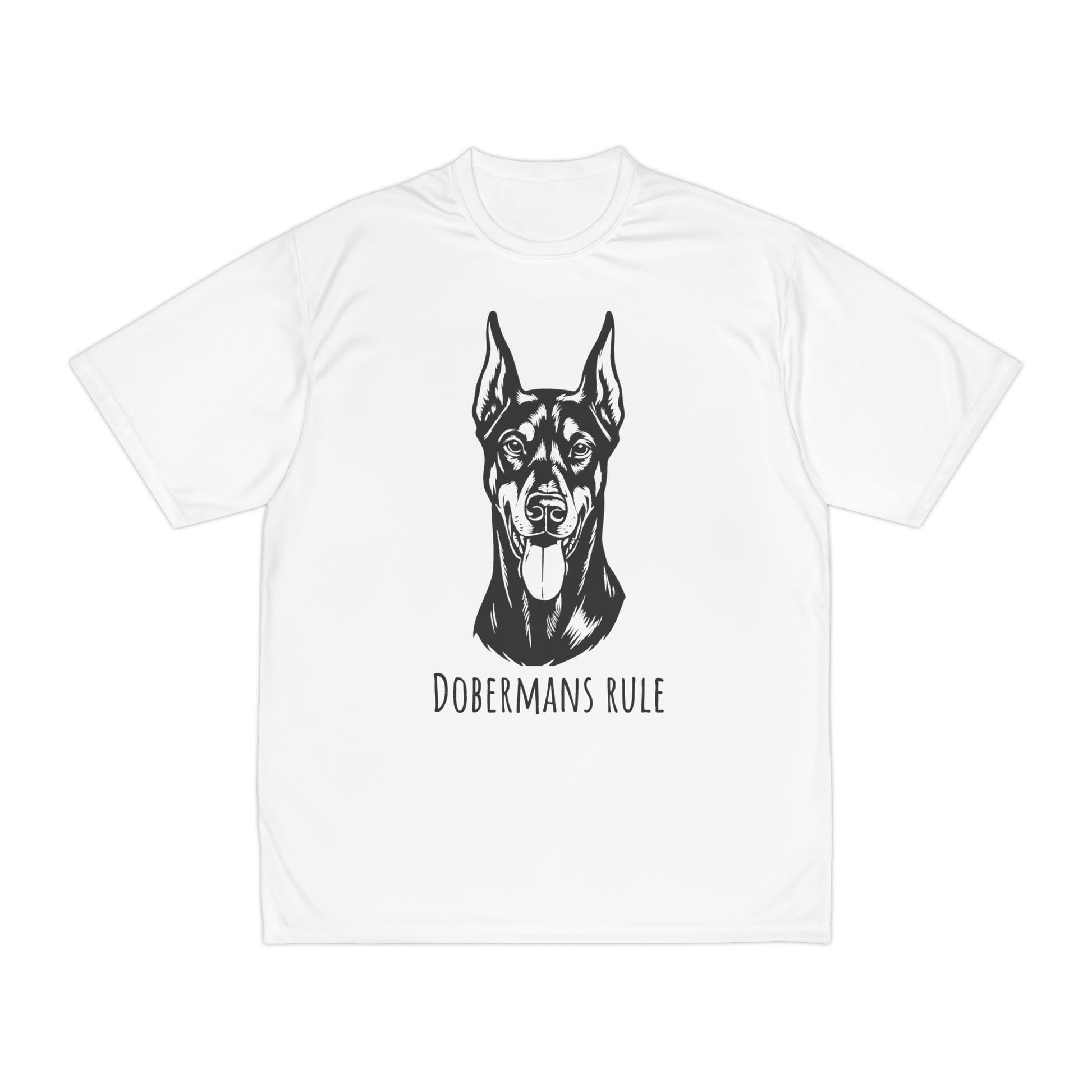 White t-shirt with a black doberman graphic and 'Dobermans Rule' text on a white background