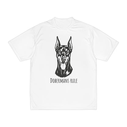 White t-shirt with a black doberman graphic and 'Dobermans Rule' text on a white background