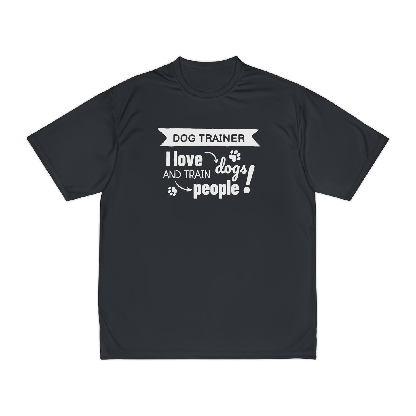 Black t-shirt with white text 'Dog Trainer I love dogs and train people' on a white background