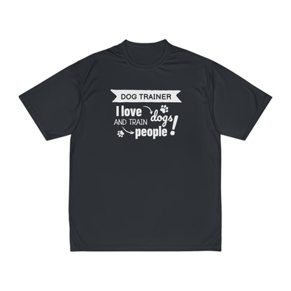 Black t-shirt with white text 'Dog Trainer I love dogs and train people' on a white background