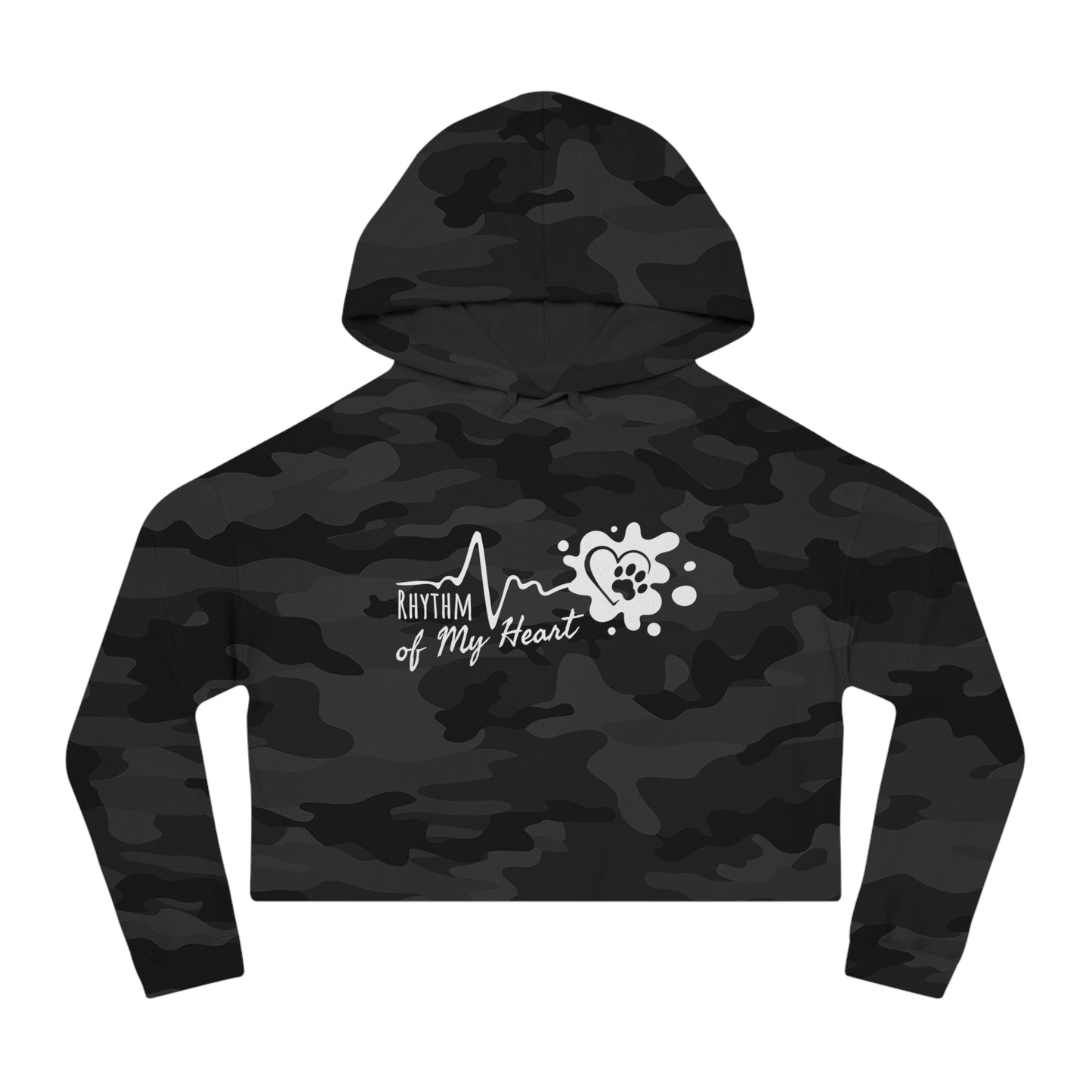 Black camo hoodie with 'Rhythm of My Heart' design on a white background