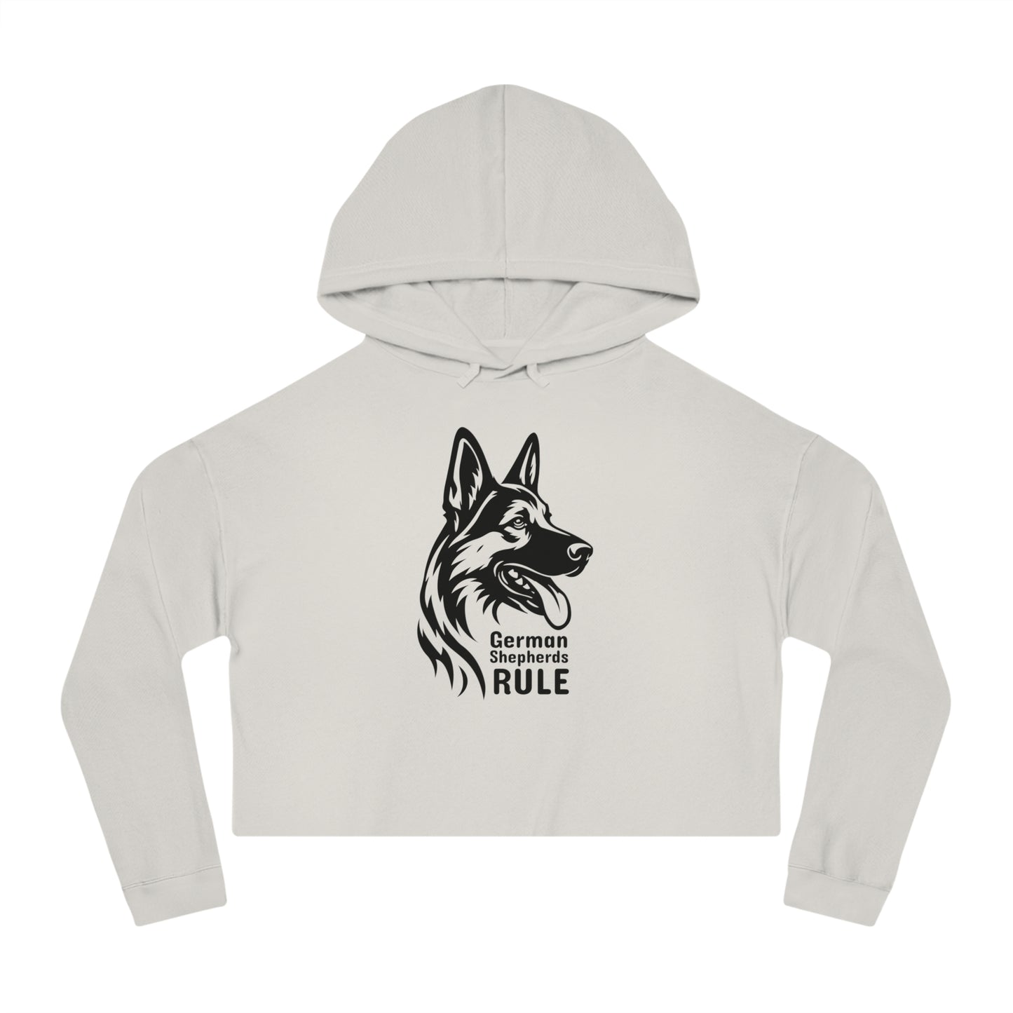 White cropped hoodie with a black German Shepherd design and 'German Shepherds Rule' text on a white background.