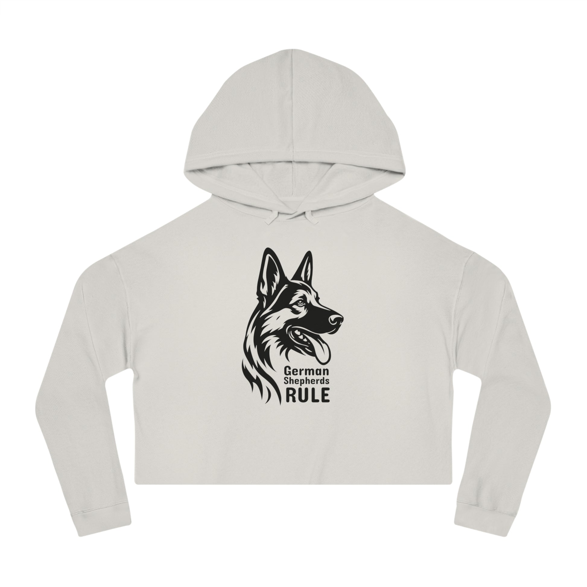 White cropped hoodie with a black German Shepherd design and 'German Shepherds Rule' text on a white background.