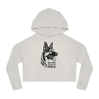 White cropped hoodie with a black German Shepherd design and 'German Shepherds Rule' text on a white background.