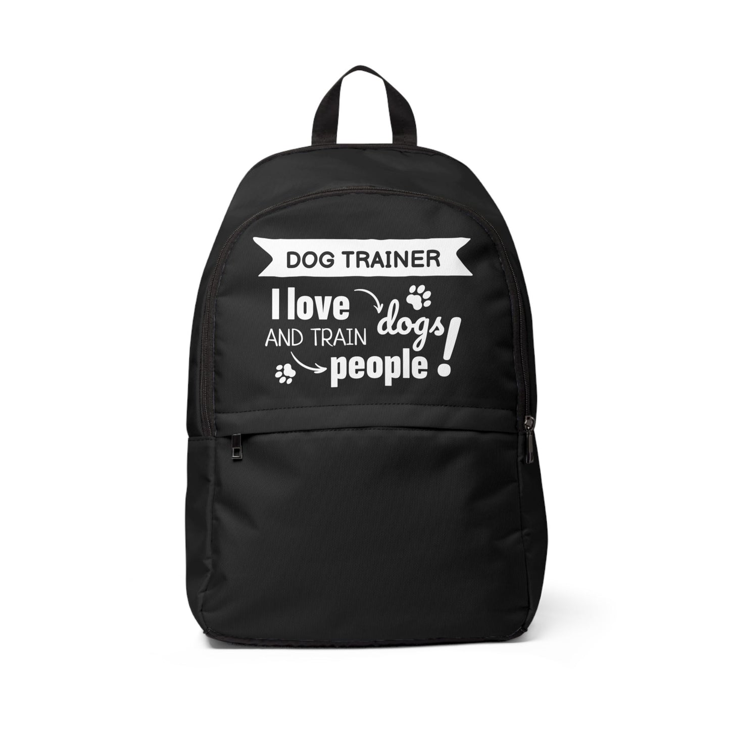 Black backpack with text 'Dog Trainer I love dogs and train people!' on a white background