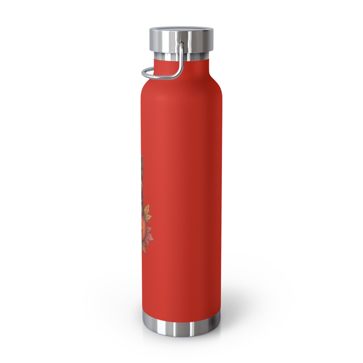 Red water bottle with silver cap and base on a white background