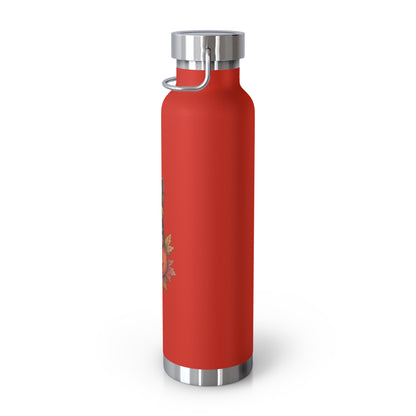 Red water bottle with silver cap and base on a white background