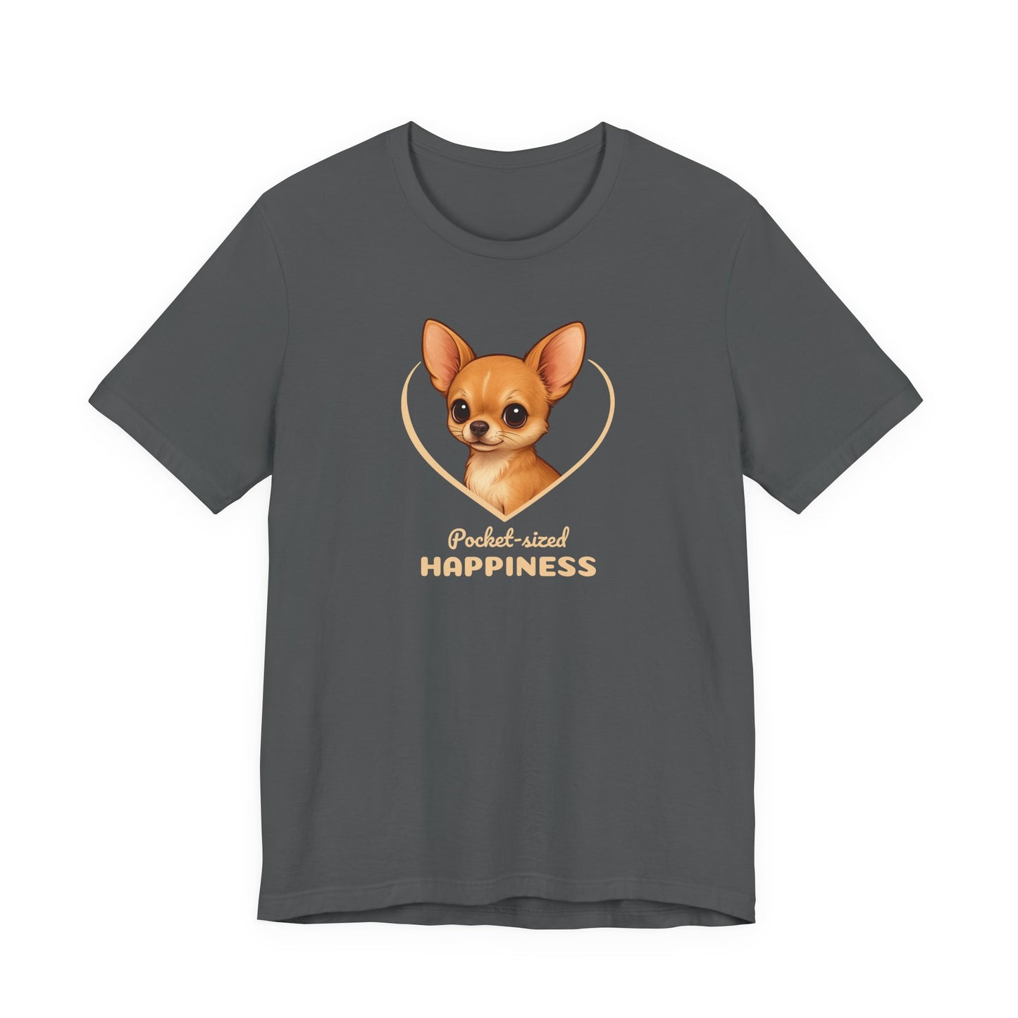 Gray t-shirt with a chihuahua graphic and text on a white background