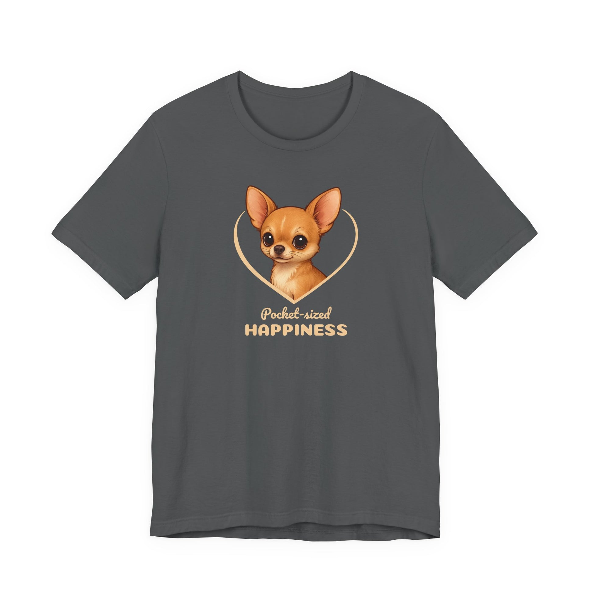Gray t-shirt with a chihuahua graphic and text on a white background