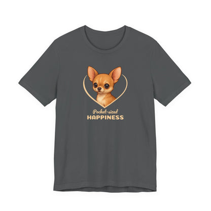 Gray t-shirt with a chihuahua graphic and text on a white background
