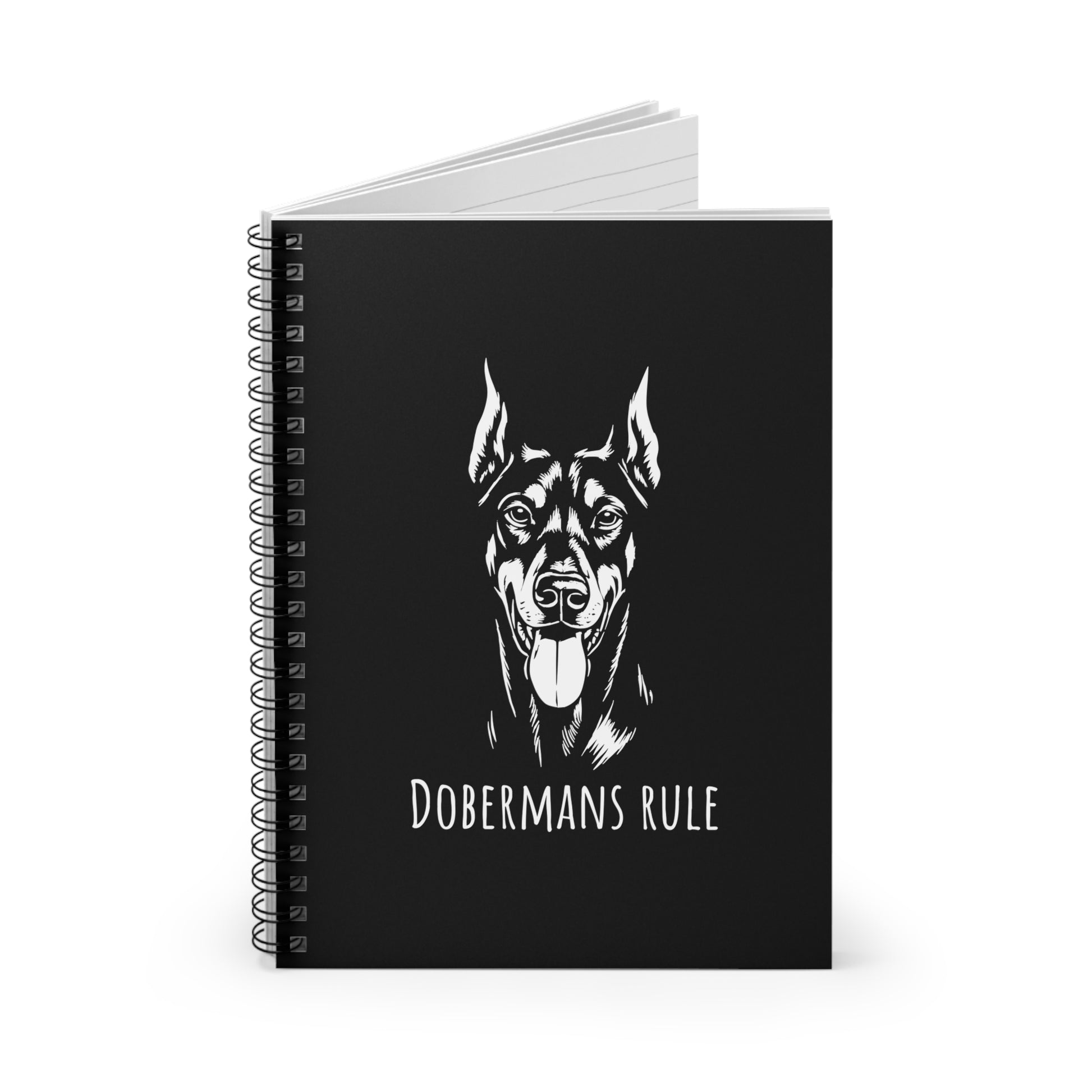 Black notebook with a Doberman illustration and 'Dobermans Rule' text on a white background