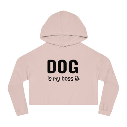 Pink cropped hoodie with 'DOG is my boss' text on a white background