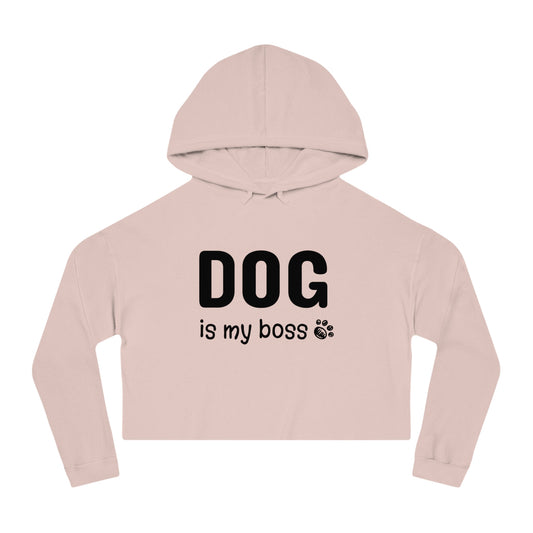 Pink cropped hoodie with 'DOG is my boss' text on a white background