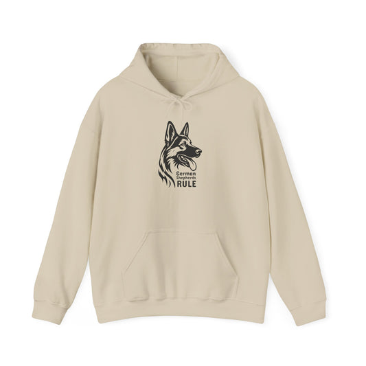 Beige hoodie with a graphic of a German Shepherd and text on a white background