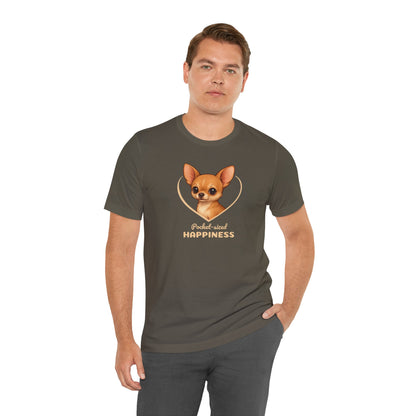 Man wearing a t-shirt with a dog illustration and text on a white background