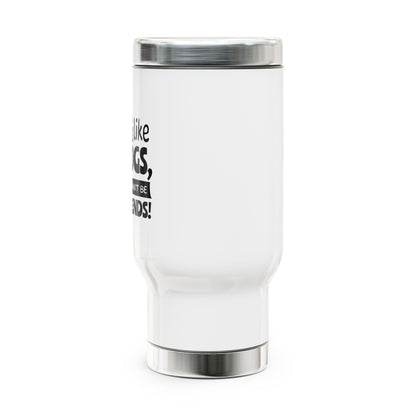 White tumbler with black text on a white background