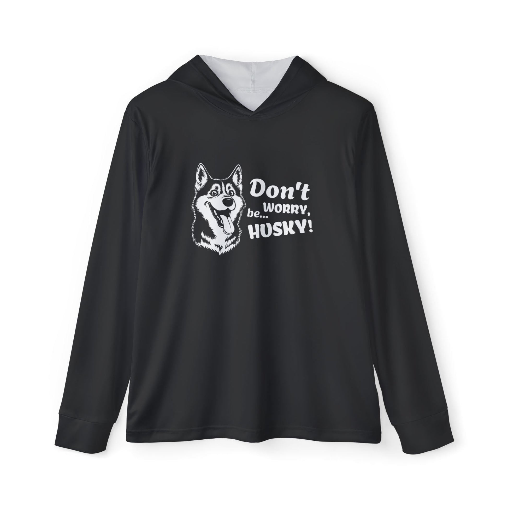 Black hoodie with husky graphic and text on a white background