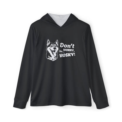 Black hoodie with husky graphic and text on a white background