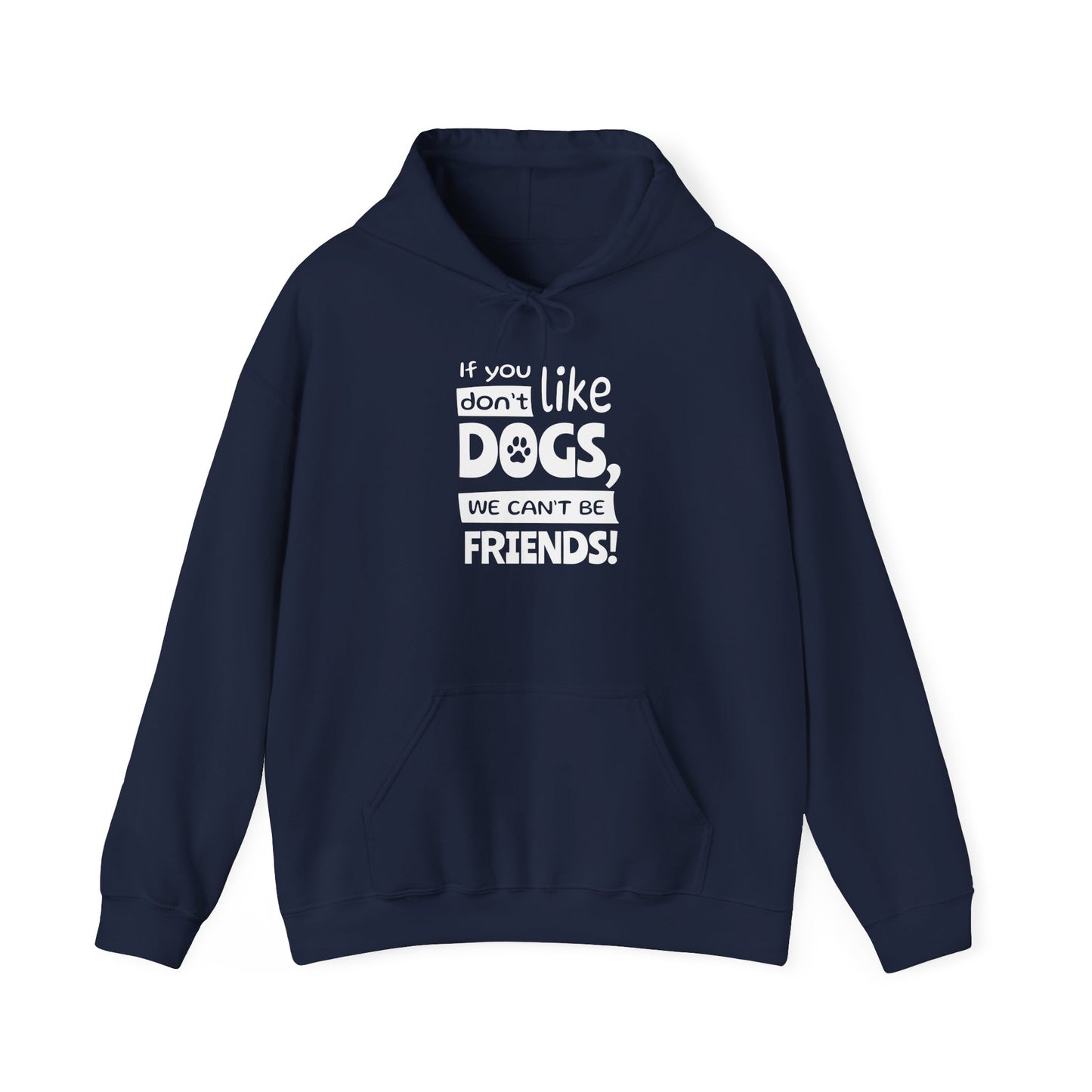 Navy blue hoodie with white text on a white background