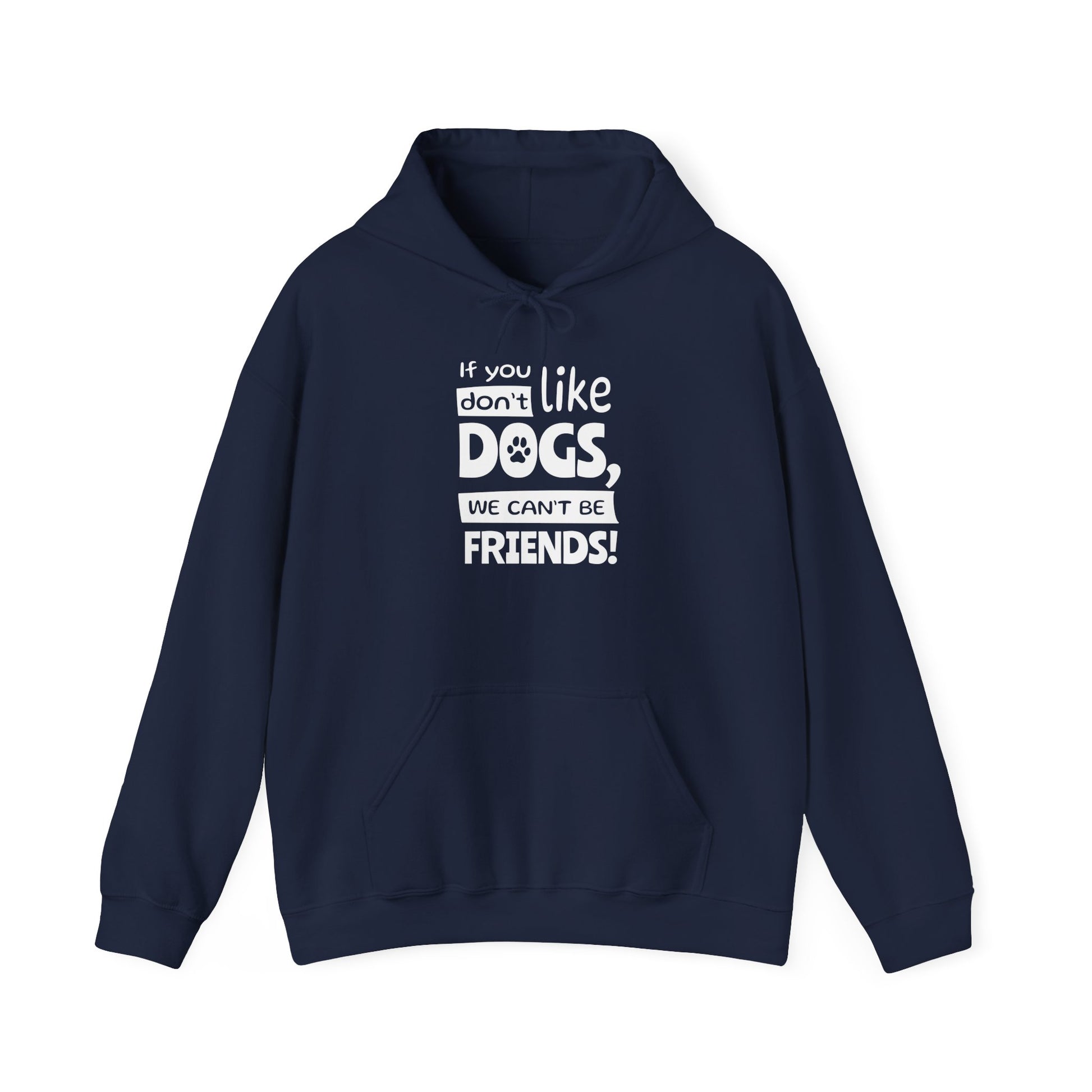 Navy blue hoodie with white text on a white background