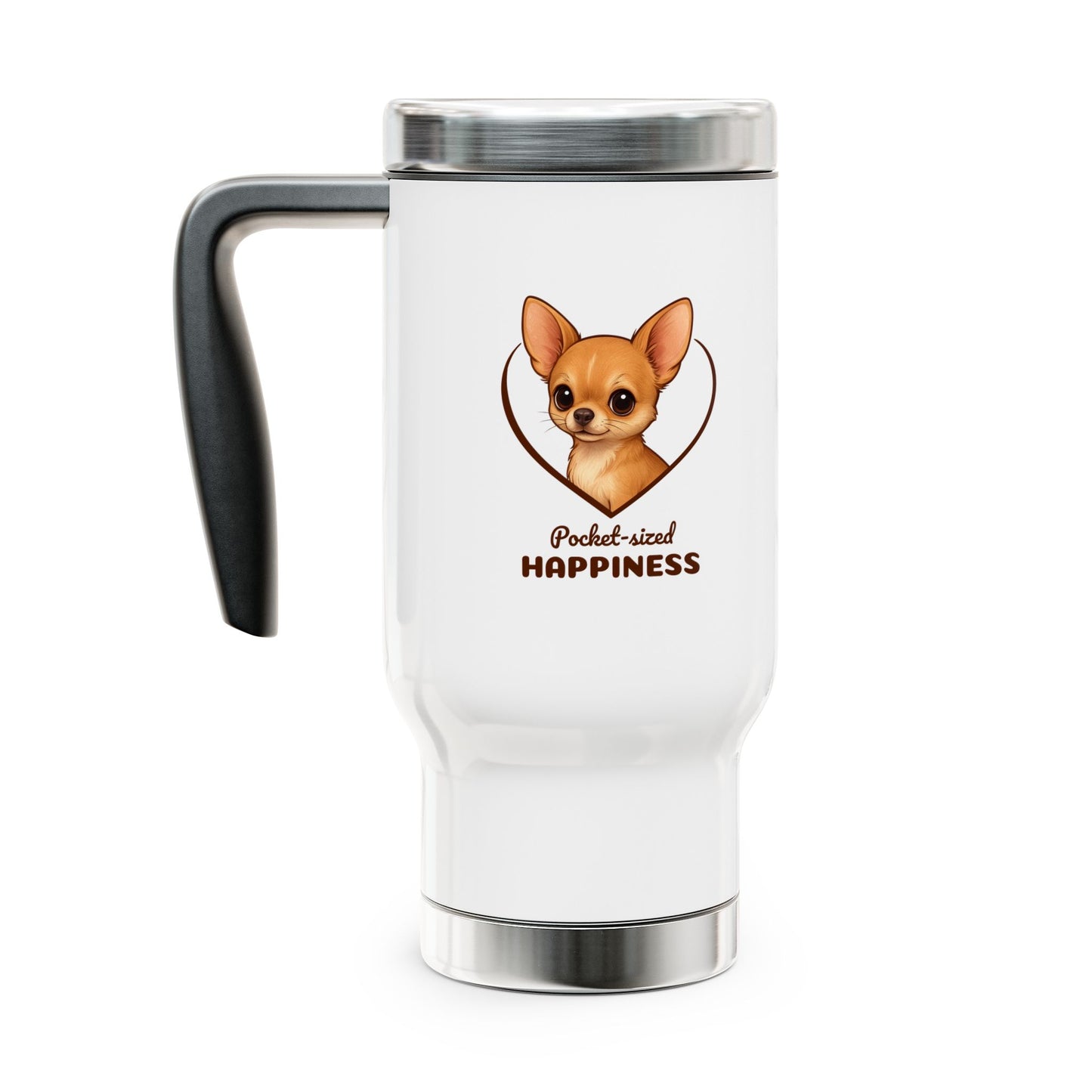 White travel mug with a cartoon dog and text on a white background